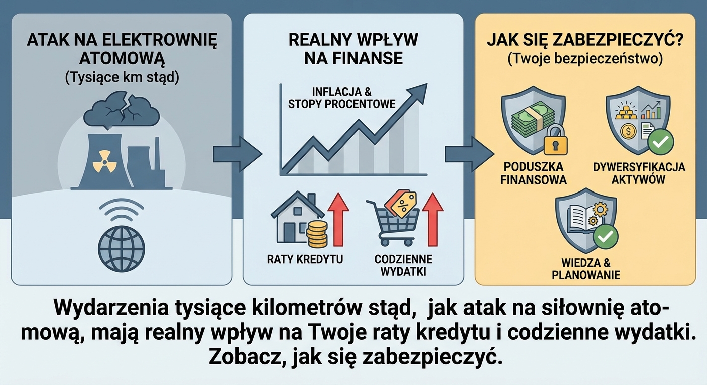 Wykres giełdowy na tle mapy Bliskiego Wschodu z symbolem zagrożenia nuklearnego