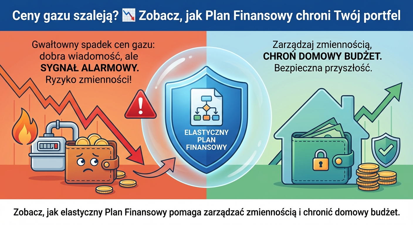 Wykres cen gazu na tablecie obok portfela i kalkulatora, symbol planowania finansowego.