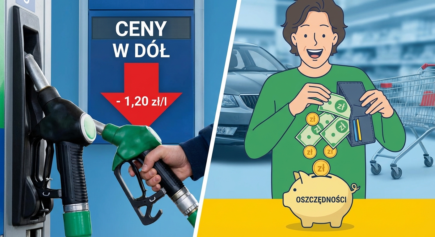 Portfel z pieniędzmi na tle dystrybutora paliwa, symbolizujący oszczędności na tankowaniu.
