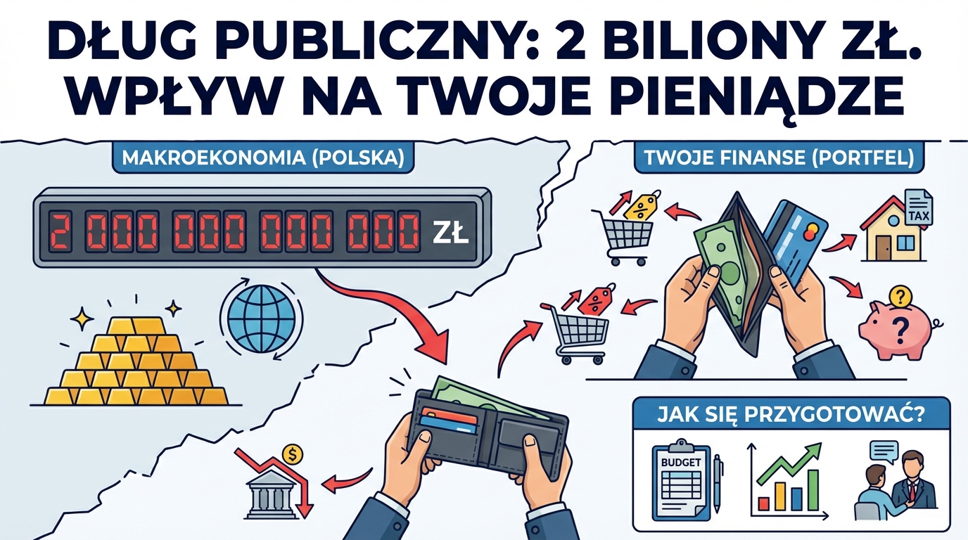 Wykres rosnącego długu publicznego Polski z lupą skupioną na portfelu rodziny.