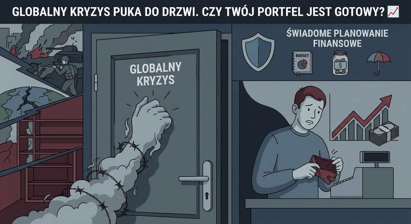 Osoba analizująca wykresy finansowe na tablecie, w tle widać nagłówki gazet o kryzysie gospodarczym.