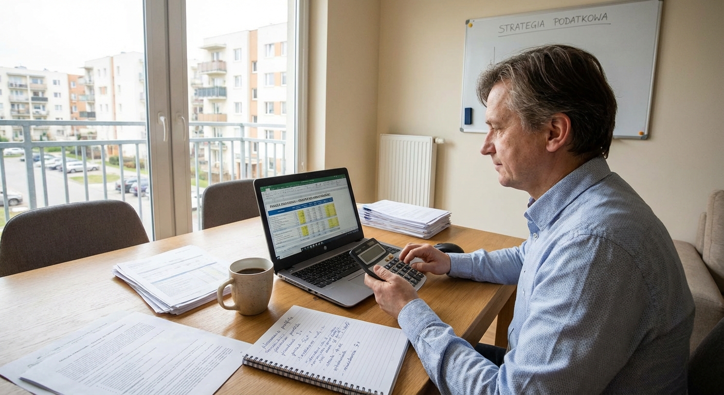 Kalkulator i klucze do mieszkania na stole z dokumentami podatkowymi, symbolizujące analizę finansową inwestycji w nieruchomości.