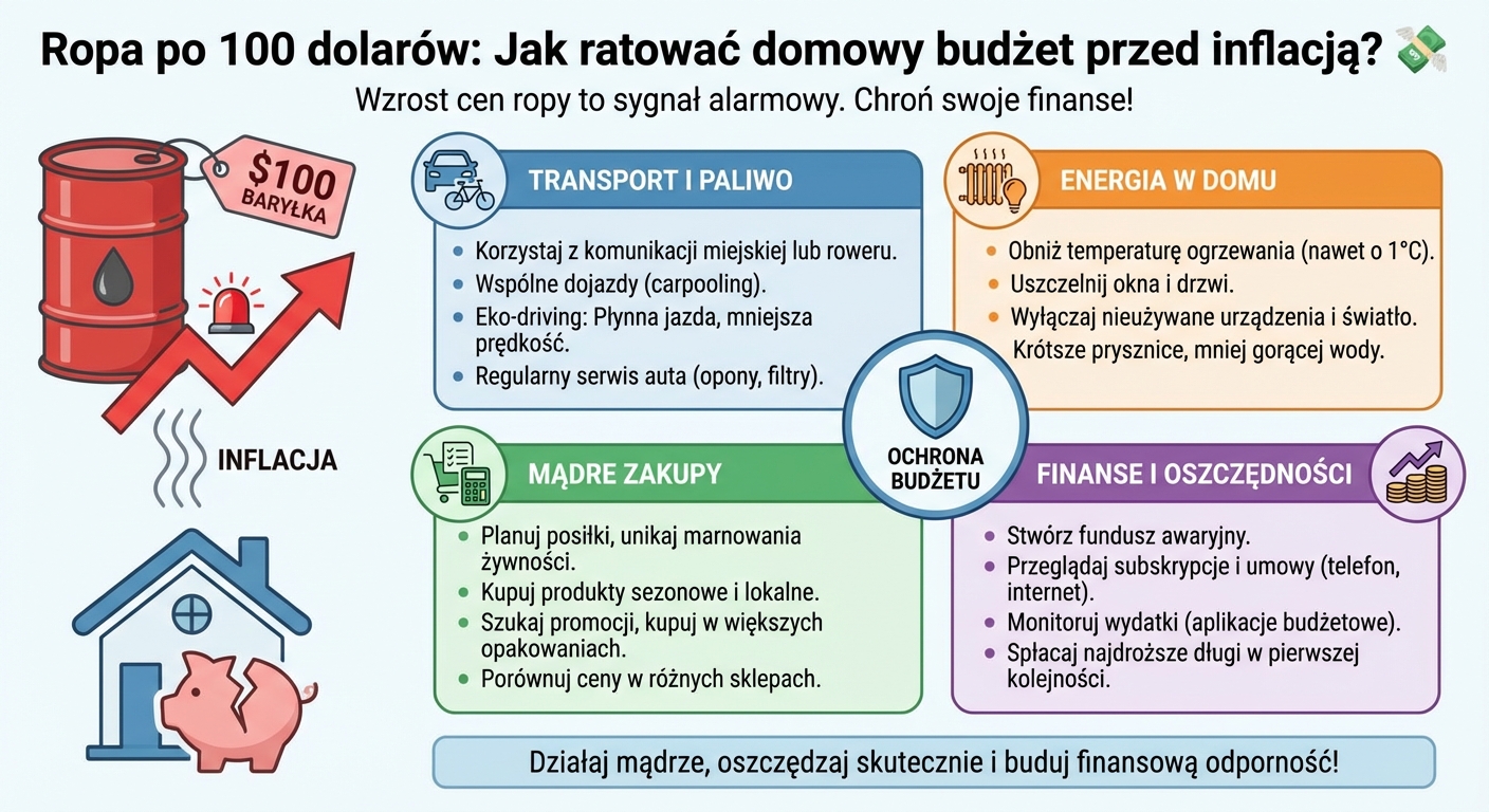 Wykres cen ropy naftowej z rosnącą tendencją i kalkulator finansowy na tle domowego budżetu.