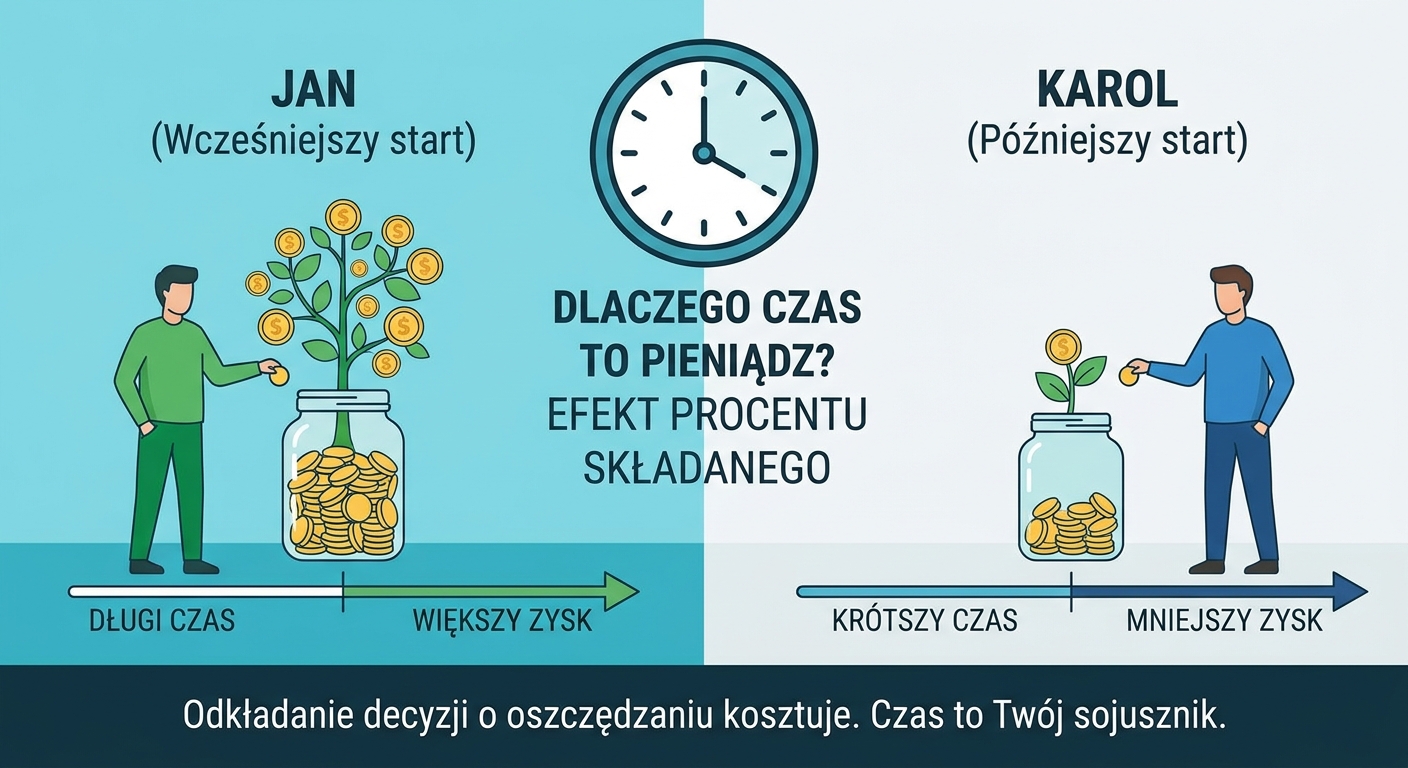 Dwie identyczne szklane skarbonki, jedna wypełniona monetami bardziej niż druga, symbolizujące efekt procentu składanego w czasie.