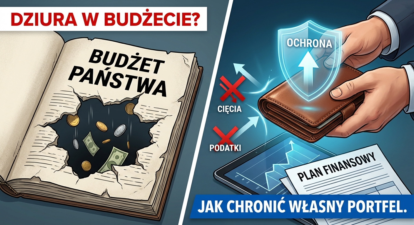 Wykres spadkowy symbolizujący dziurę w budżecie państwa i monety chronione pod parasolem symbolizującym plan finansowy