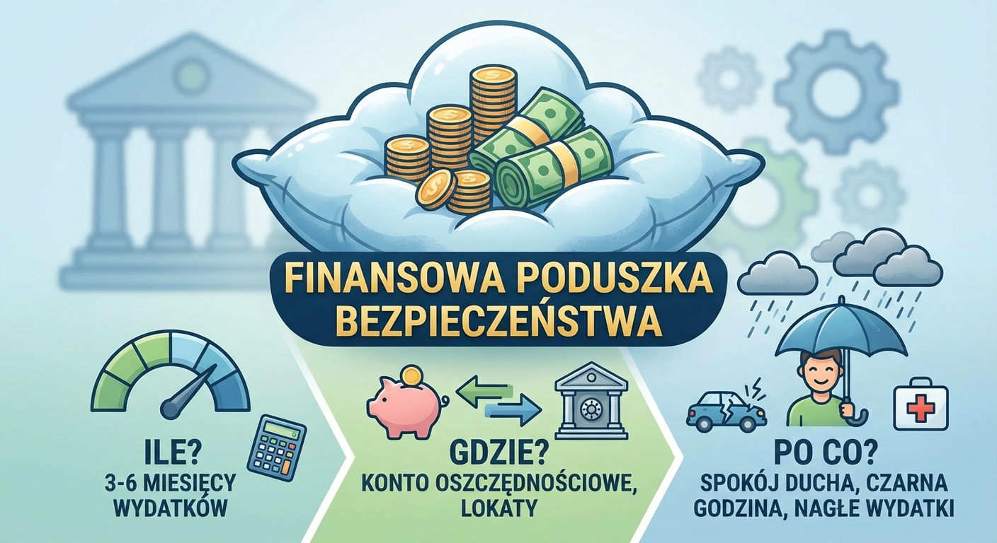Symboliczna szklana skarbonka z pieniędzmi, chroniona przez dwie dłonie, co symbolizuje finansową poduszkę bezpieczeństwa.