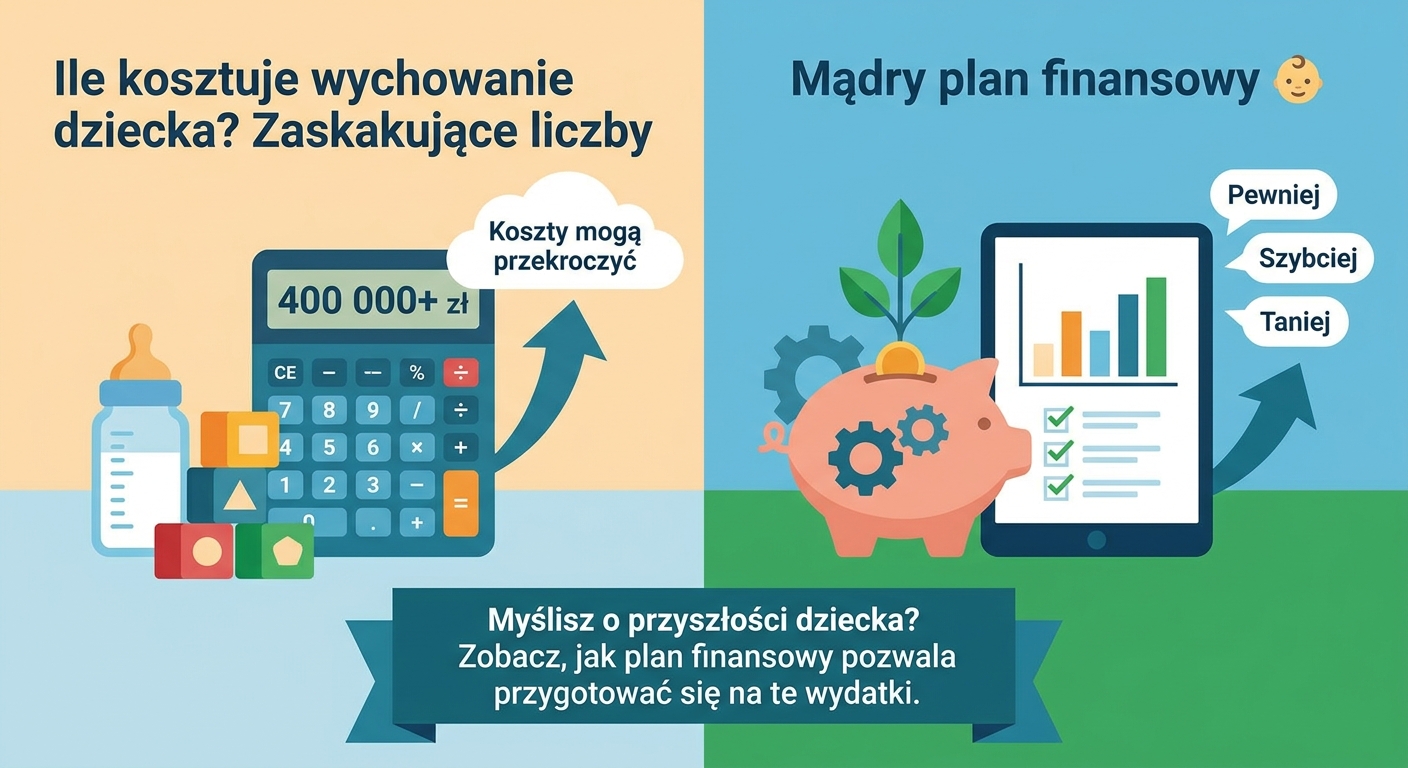 Rodzice z małym dzieckiem patrzą na rosnący wykres finansowy na tablecie, symbolizujący planowanie przyszłości.
