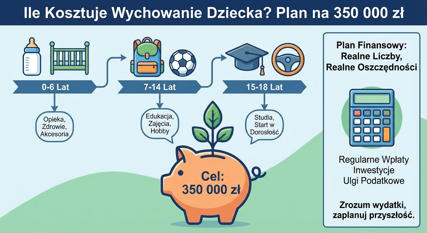 Rodzice z małym dzieckiem patrzą na rosnący wykres finansowy na tablecie, symbolizujący planowanie przyszłości