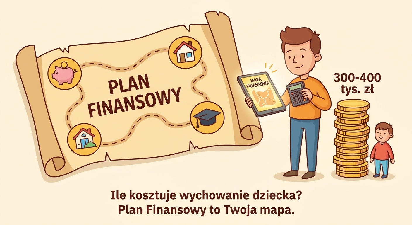 Rodzice z dzieckiem patrzą na rosnący wykres symbolizujący plan finansowy na przyszłość dziecka.