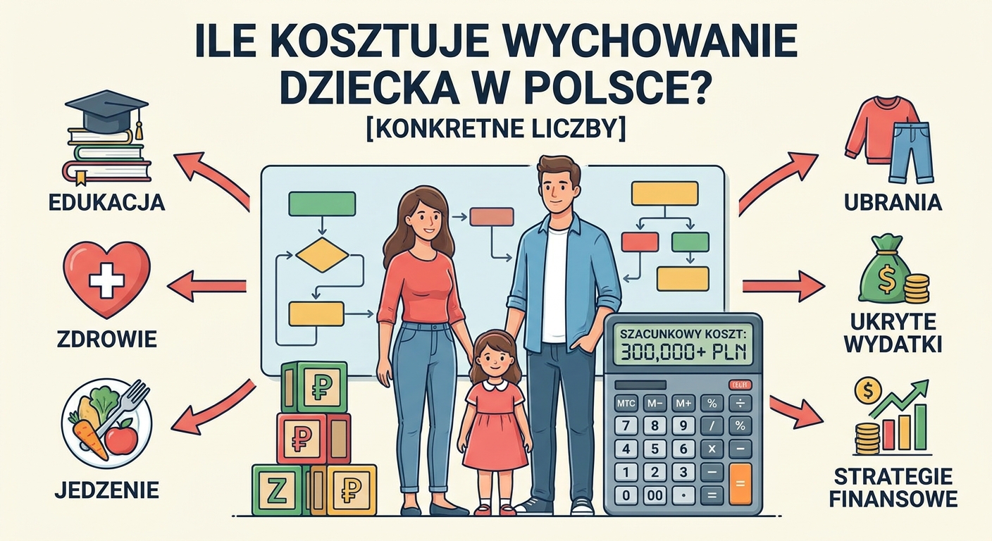 Skarbonka w kształcie świnki obok dziecięcych bucików i kalkulatora, symbolizująca planowanie kosztów wychowania dziecka