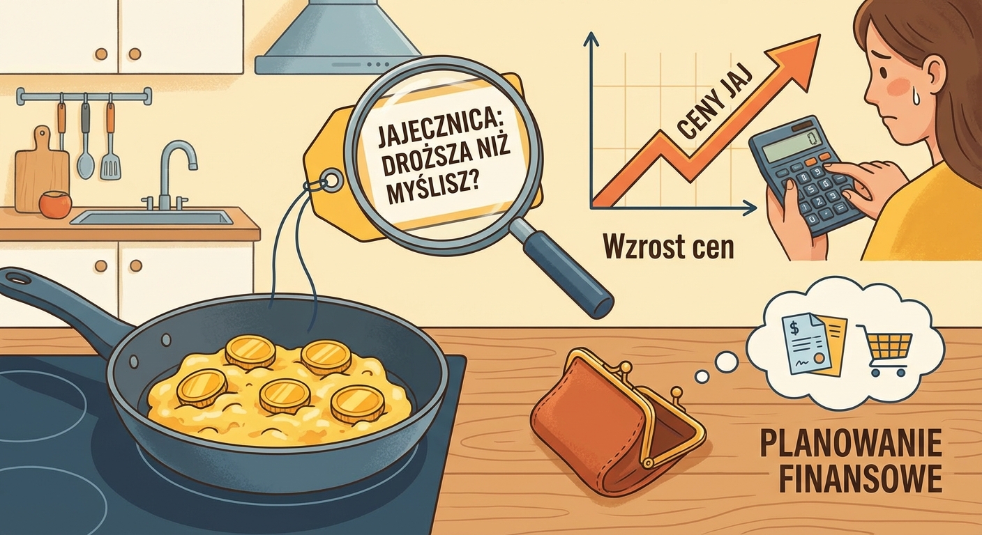 Pęknięta skarbonka w kształcie świnki obok kartonu z jajkami, symbolizująca wzrost cen żywności i wpływ na oszczędności