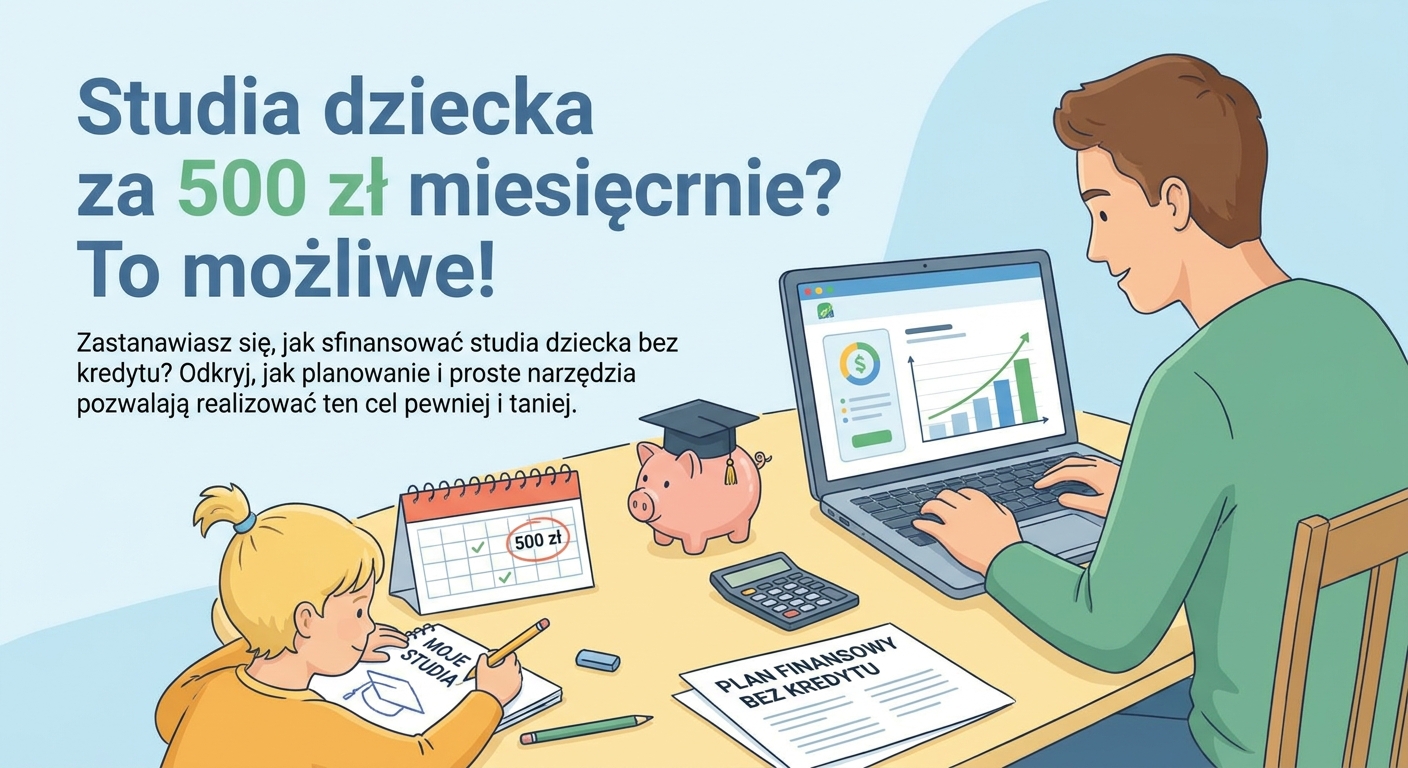 Absolwent w todze rzucający biretem w powietrze, w tle symboliczna skarbonka i wykres wzrostu