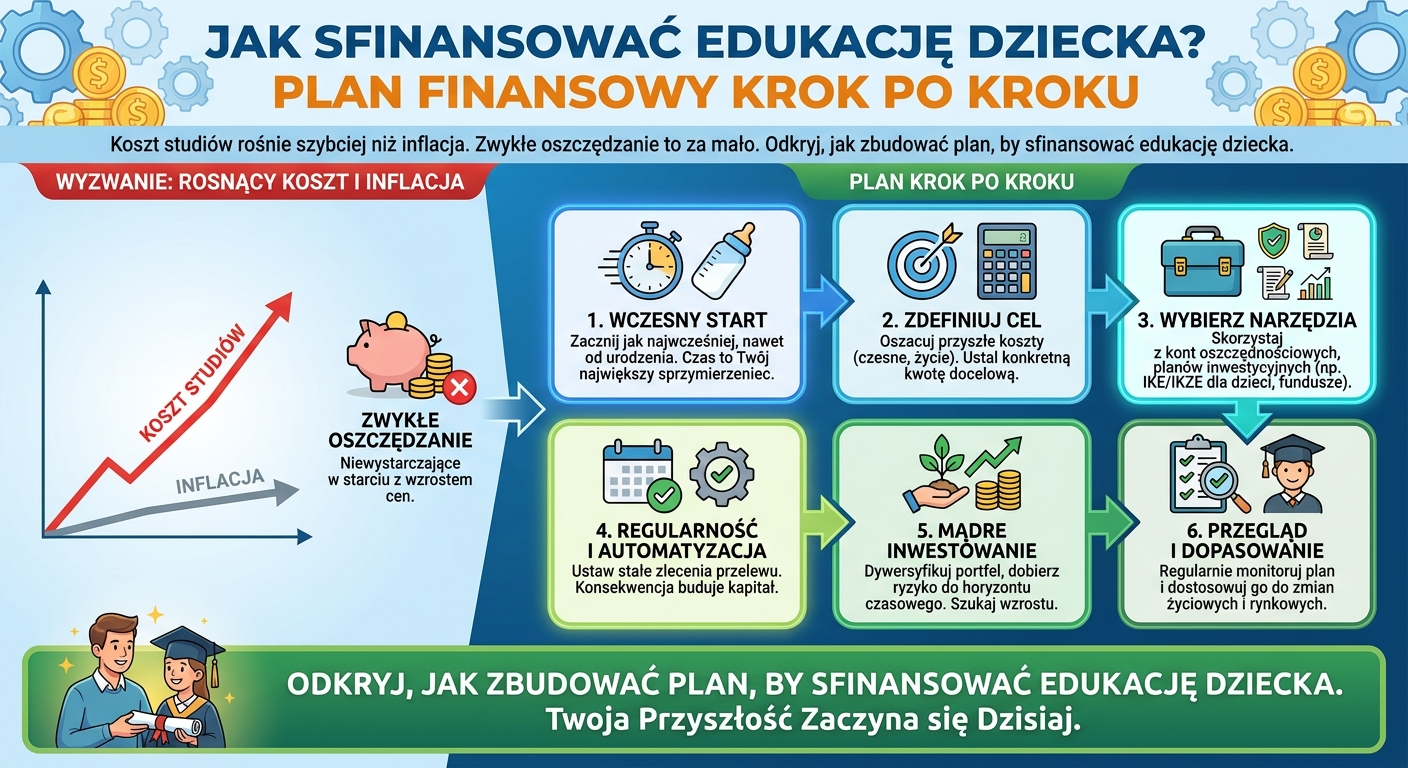 Rodzina z dzieckiem patrząca w przyszłość z symbolem rosnącego kapitału na edukację