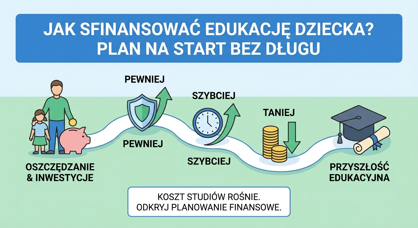 Rodzice z dzieckiem patrzący z nadzieją w przyszłość, w tle symboliczna czapka absolwenta