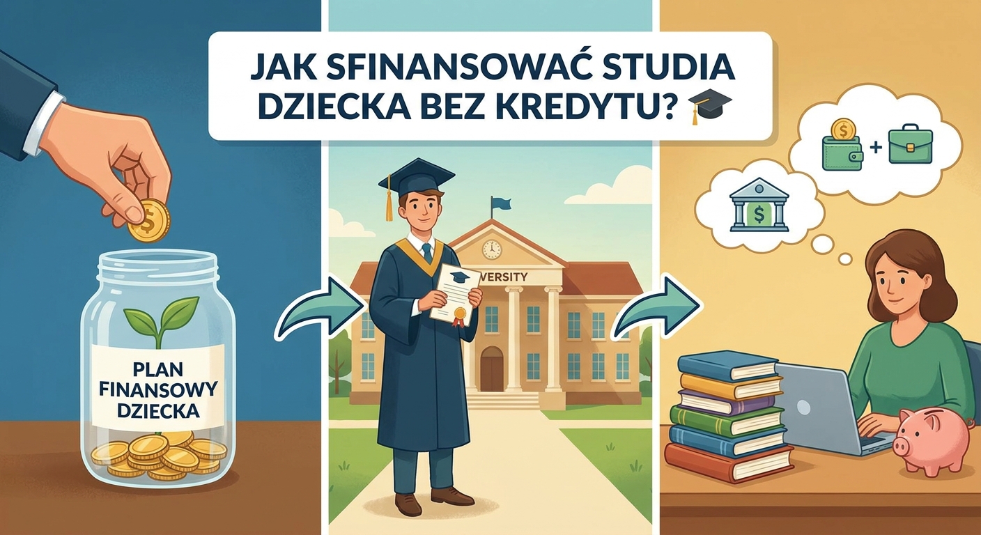 Dyplom ukończenia studiów leżący na stosie monet i książek, symbolizujący koszt edukacji.