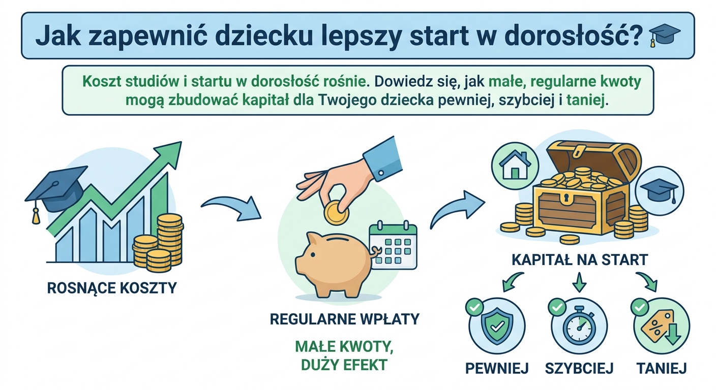 Rodzice z małym dzieckiem patrzą na rosnący wykres finansowy symbolizujący oszczędzanie na przyszłość.