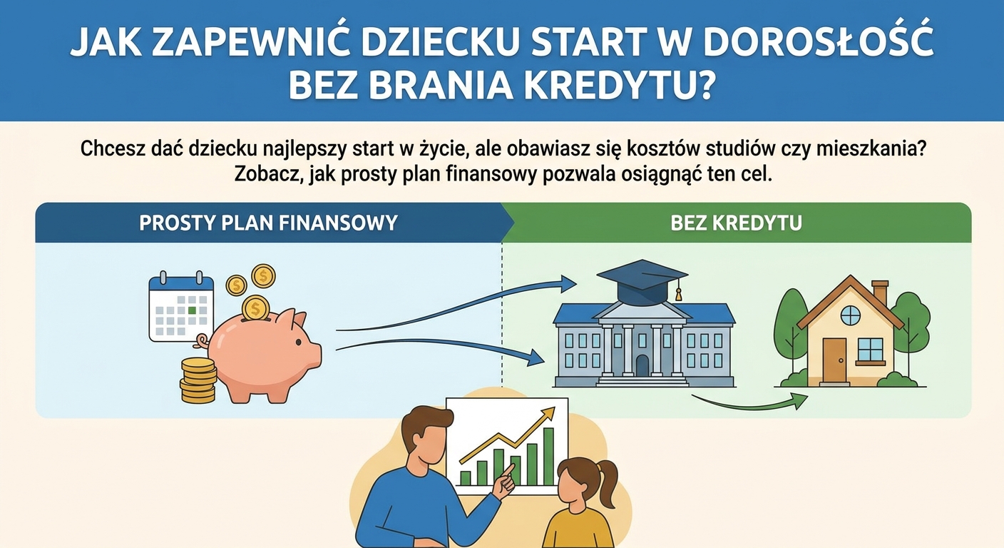 Rodzice z dzieckiem patrzą z nadzieją w przyszłość, w tle graficzne symbole skarbonki i dyplomu ukończenia studiów.