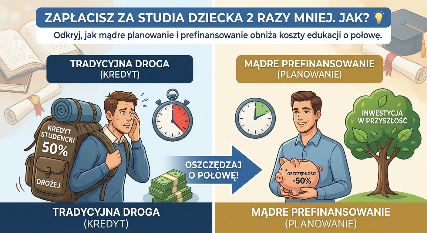 Dwie ścieżki prowadzące do budynku uniwersytetu: jedna słoneczna i prosta, druga burzowa i wyboista, symbolizujące planowanie i kredyt.
