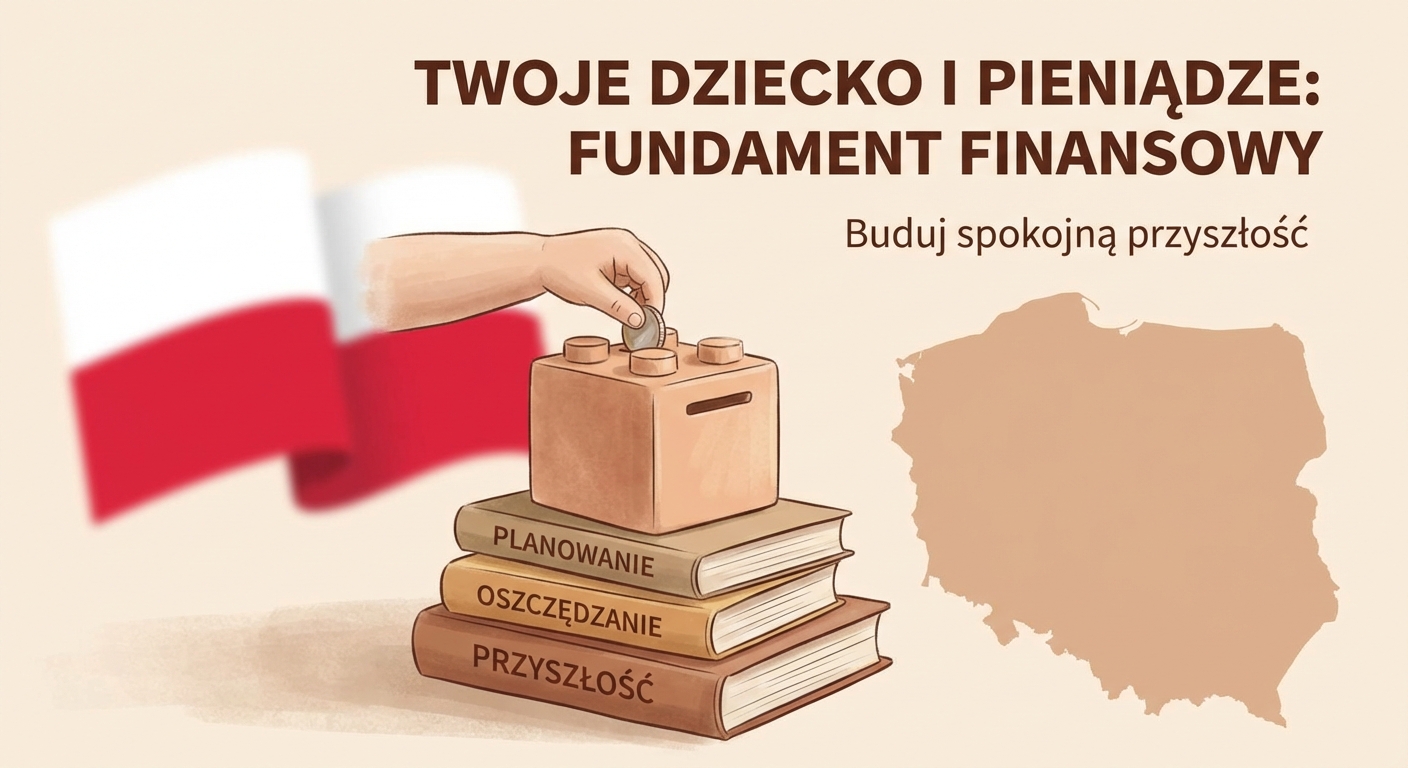 Rodzice z małym dzieckiem patrzą na symboliczną skarbonkę w kształcie domu, planując przyszłość finansową.