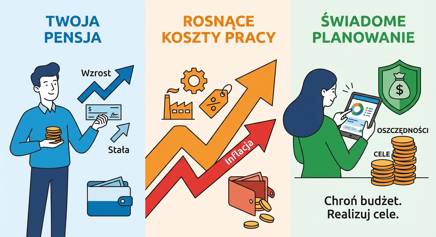 Wykres słupkowy porównujący koszty pracy w Polsce i w Unii Europejskiej, obok portfel z polskimi złotymi.