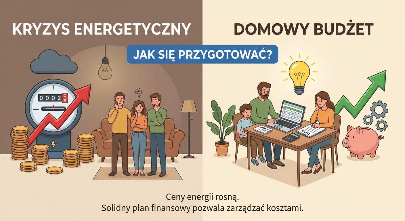 Osoba analizująca domowy budżet przy kalkulatorze, w tle widać rachunek za prąd.