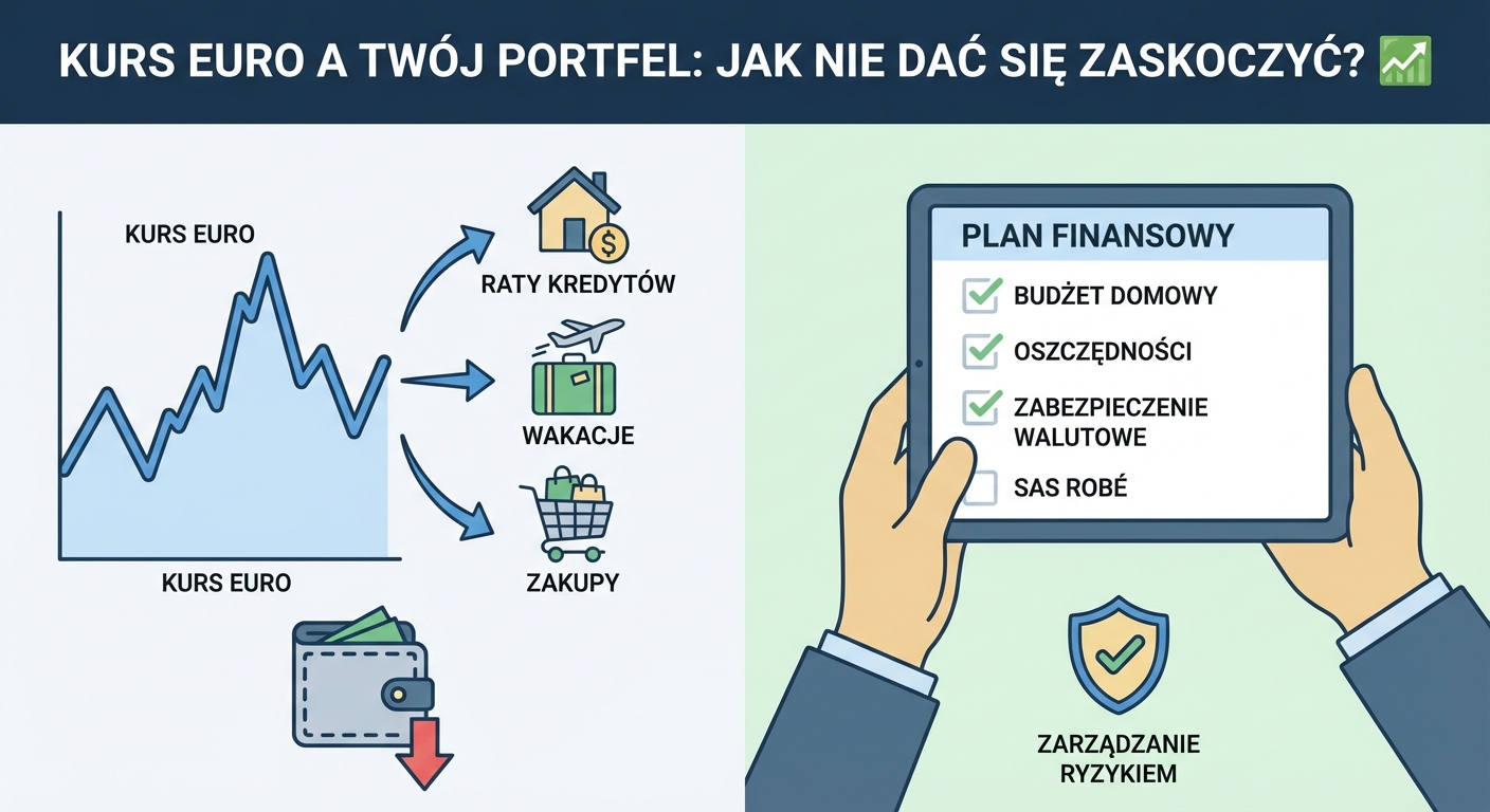 Wykres kursu euro na tle portfela i kalkulatora, symbolizujący planowanie finansowe.