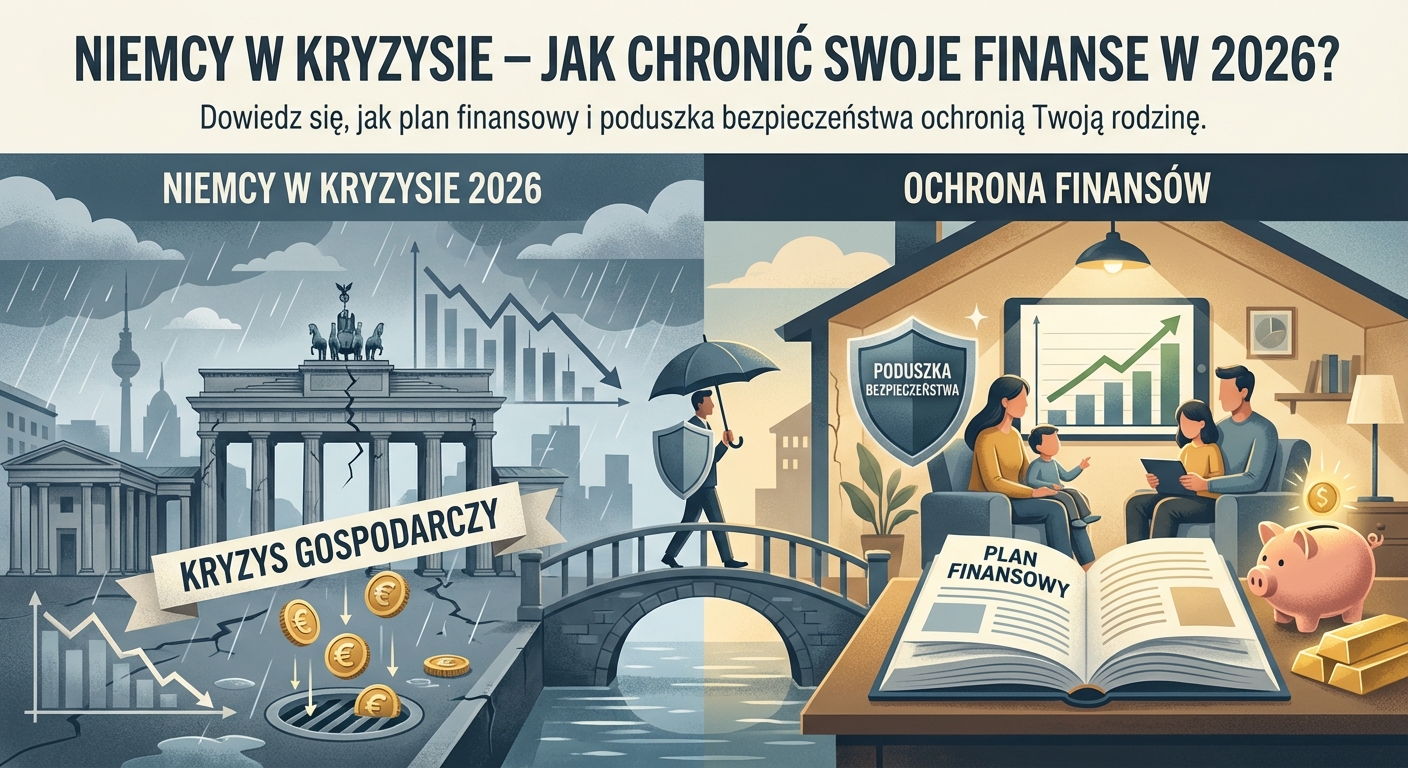 Wykres spadkowy na tle flagi Niemiec i Polski symbolizujący wpływ kryzysu na finanse osobiste