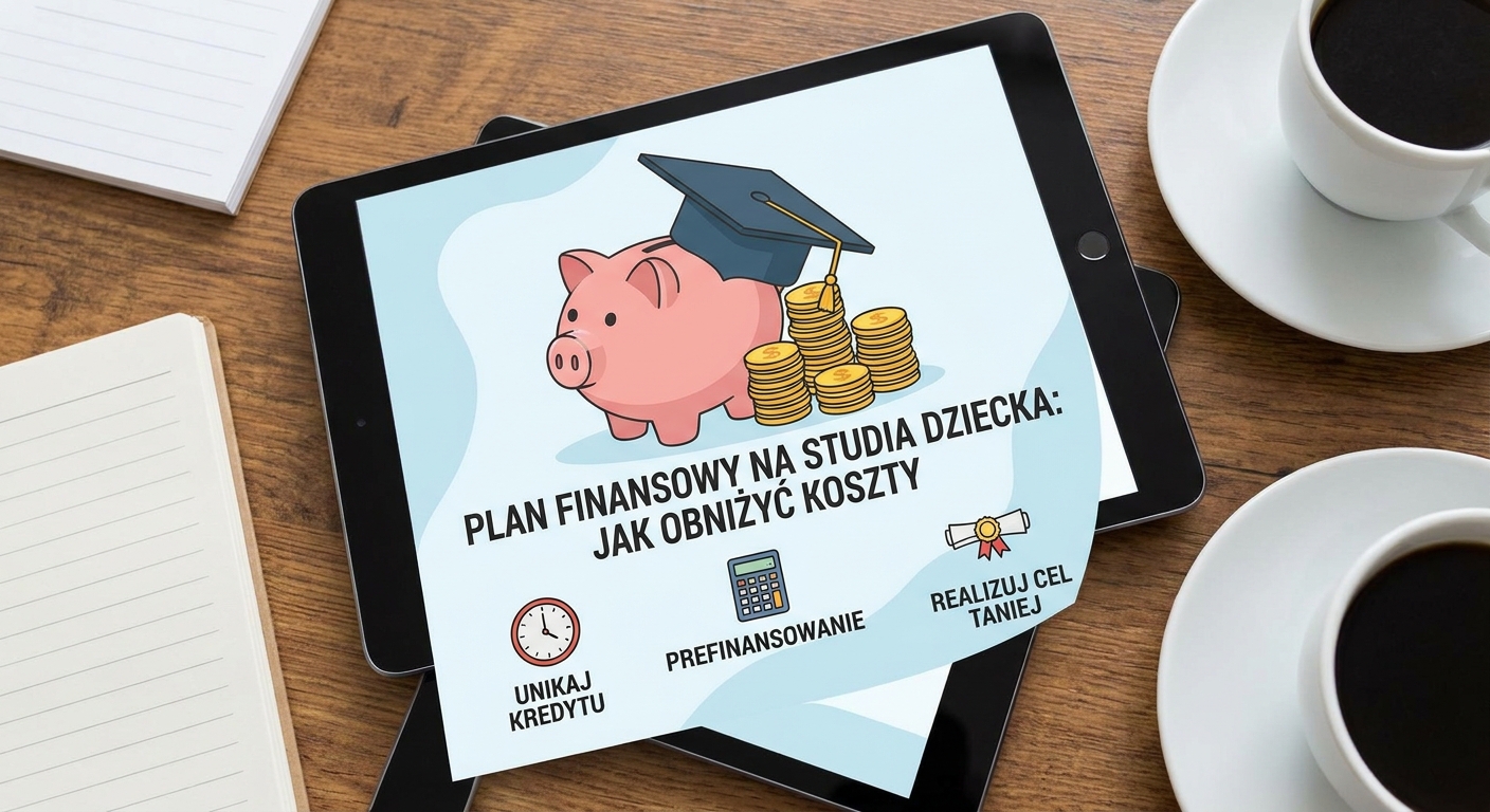 Absolwent rzuca biretem w powietrze na tle uniwersytetu, symbolizując sukces osiągnięty dzięki planowaniu finansowemu.