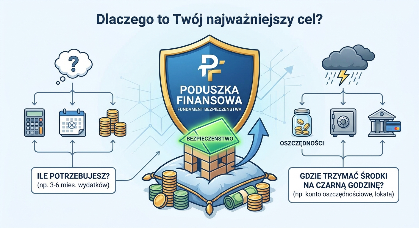 Grafika przedstawiająca złotą poduszkę chroniącą rodzinę przed deszczem monet i rachunków