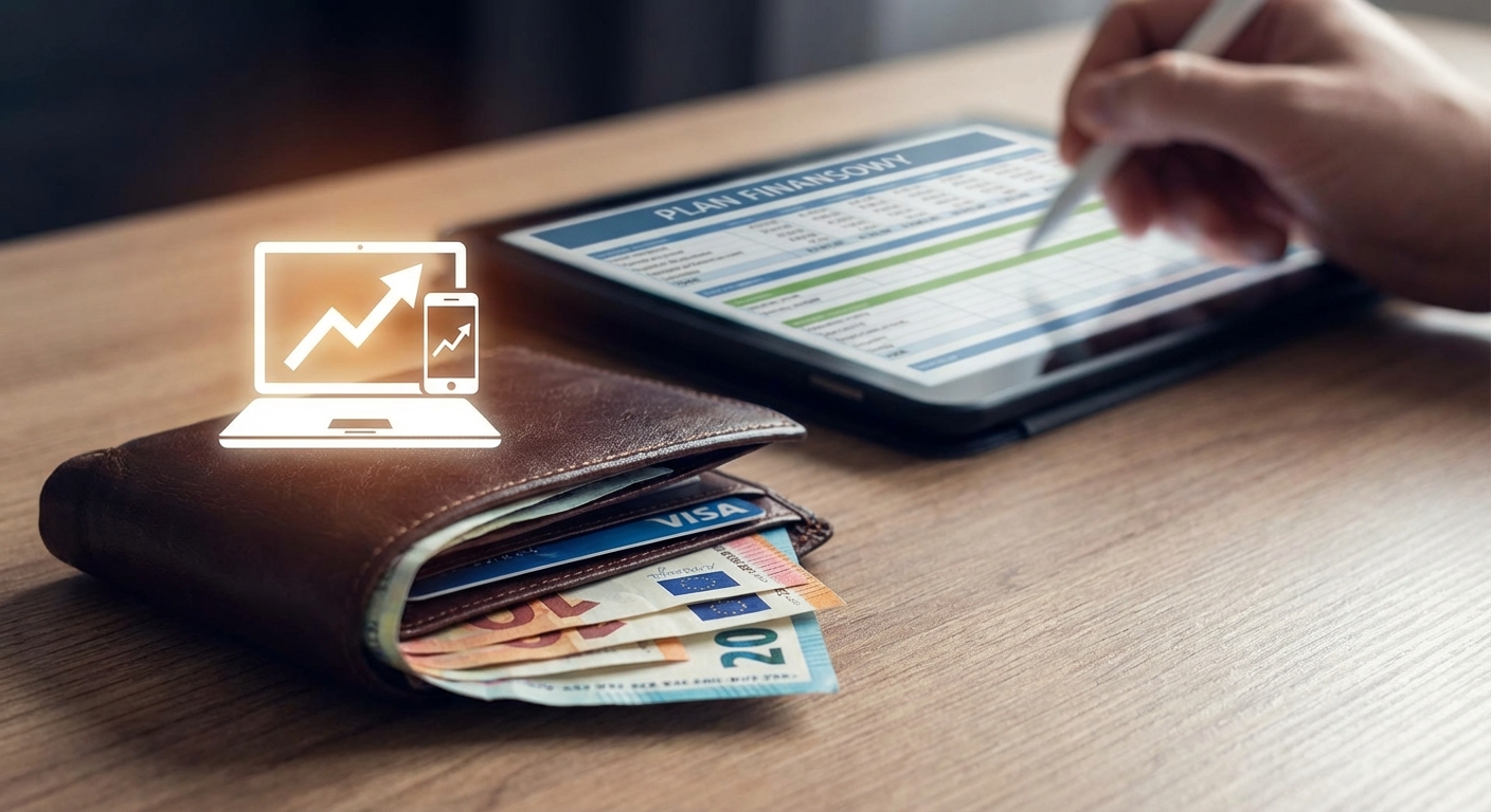 Wykres rosnących cen elektroniki wyświetlany na ekranie nowoczesnego laptopa, obok którego leży portfel.