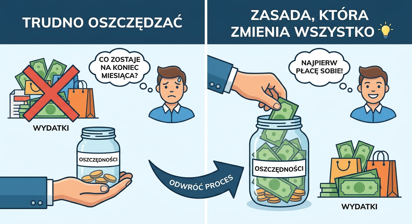 Dwie skarbonki: jedna prawie pusta, druga pełna, symbolizujące dwa różne podejścia do oszczędzania