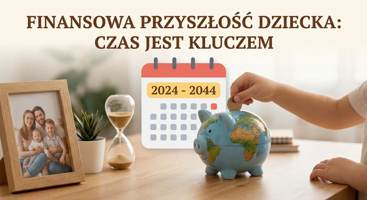 Symboliczny obraz przedstawiający dłonie rodzica i dziecka trzymające razem rosnącą roślinkę w doniczce z monet