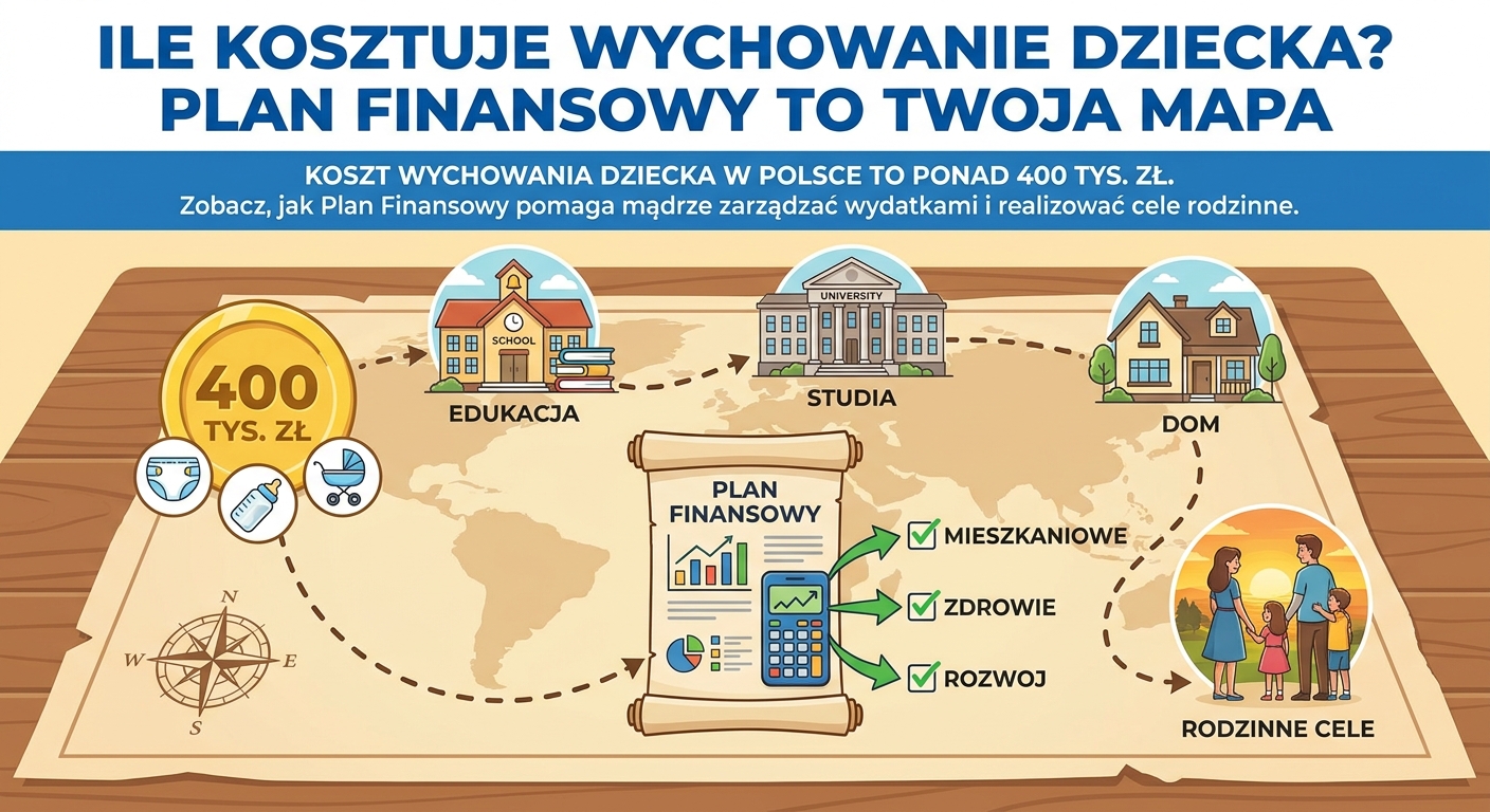 Rodzice z małym dzieckiem patrzą na symboliczną mapę przyszłości finansowej