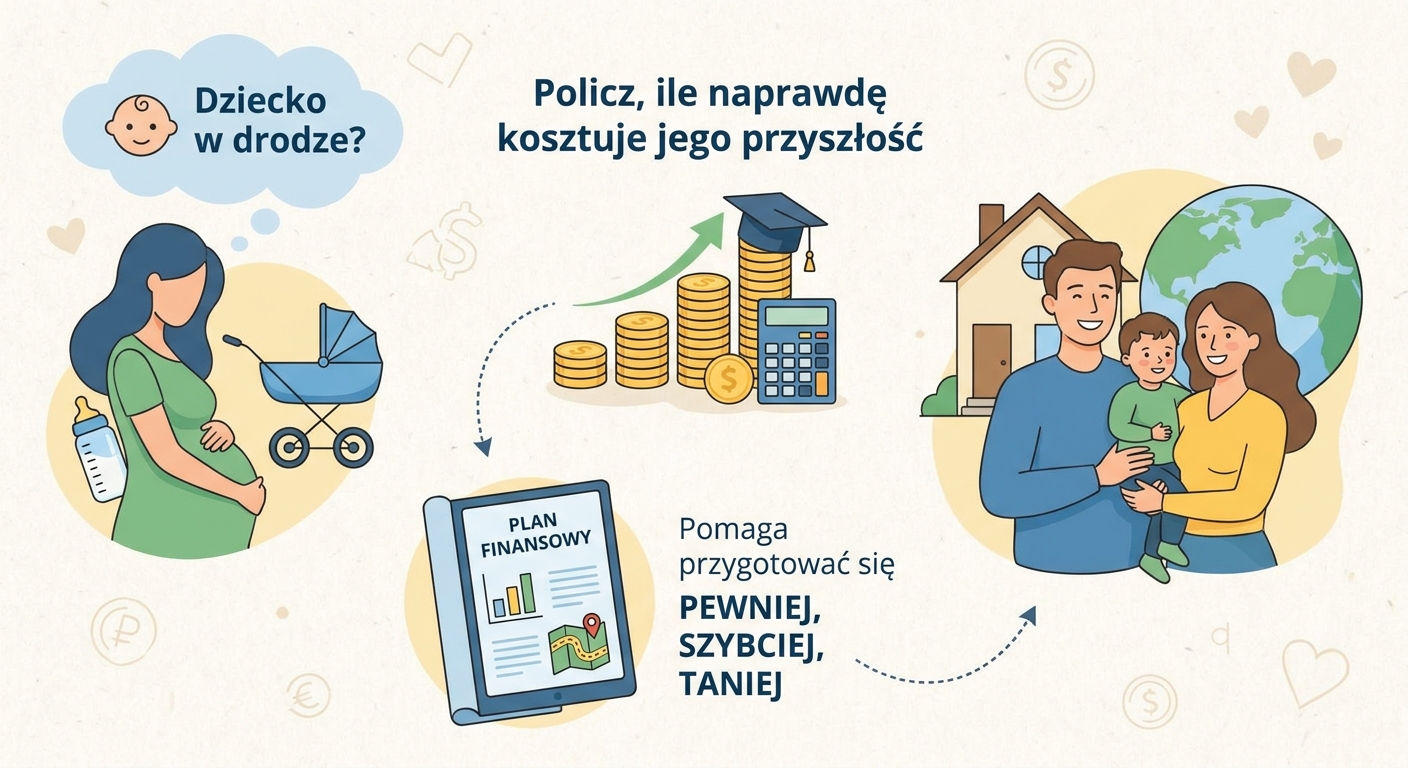 Rodzina z małym dzieckiem planująca przyszłość finansową przy tablecie z wykresem wzrostu