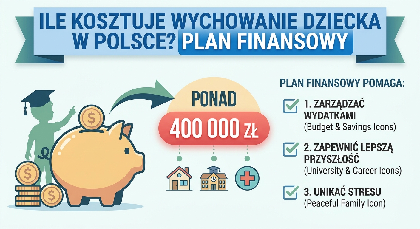 Rodzice z dzieckiem patrzący na symboliczną skarbonkę w kształcie dyplomu ukończenia studiów, symbolizującą oszczędzanie na edukację.