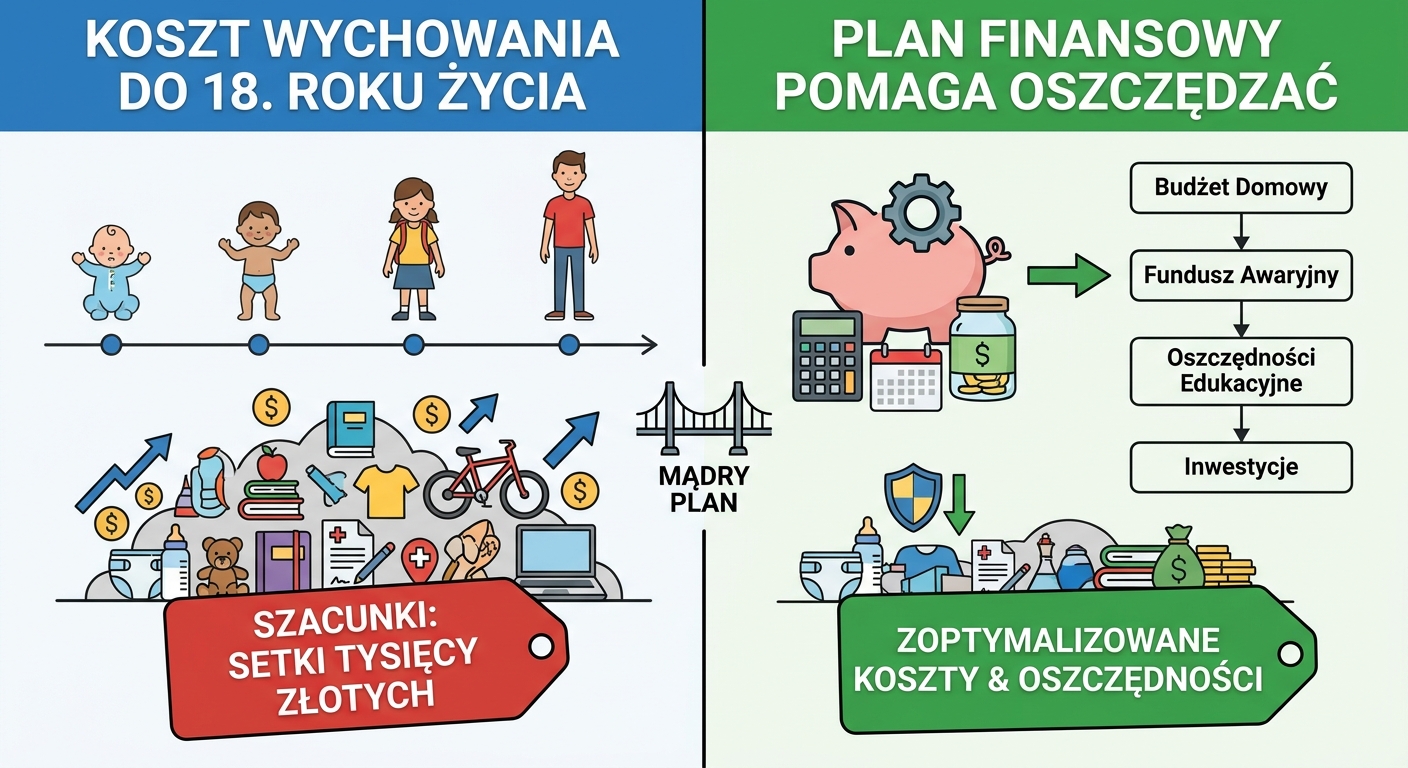 Rodzice z małym dzieckiem patrzą na rosnący wykres na tablecie, symbolizujący plan finansowy.