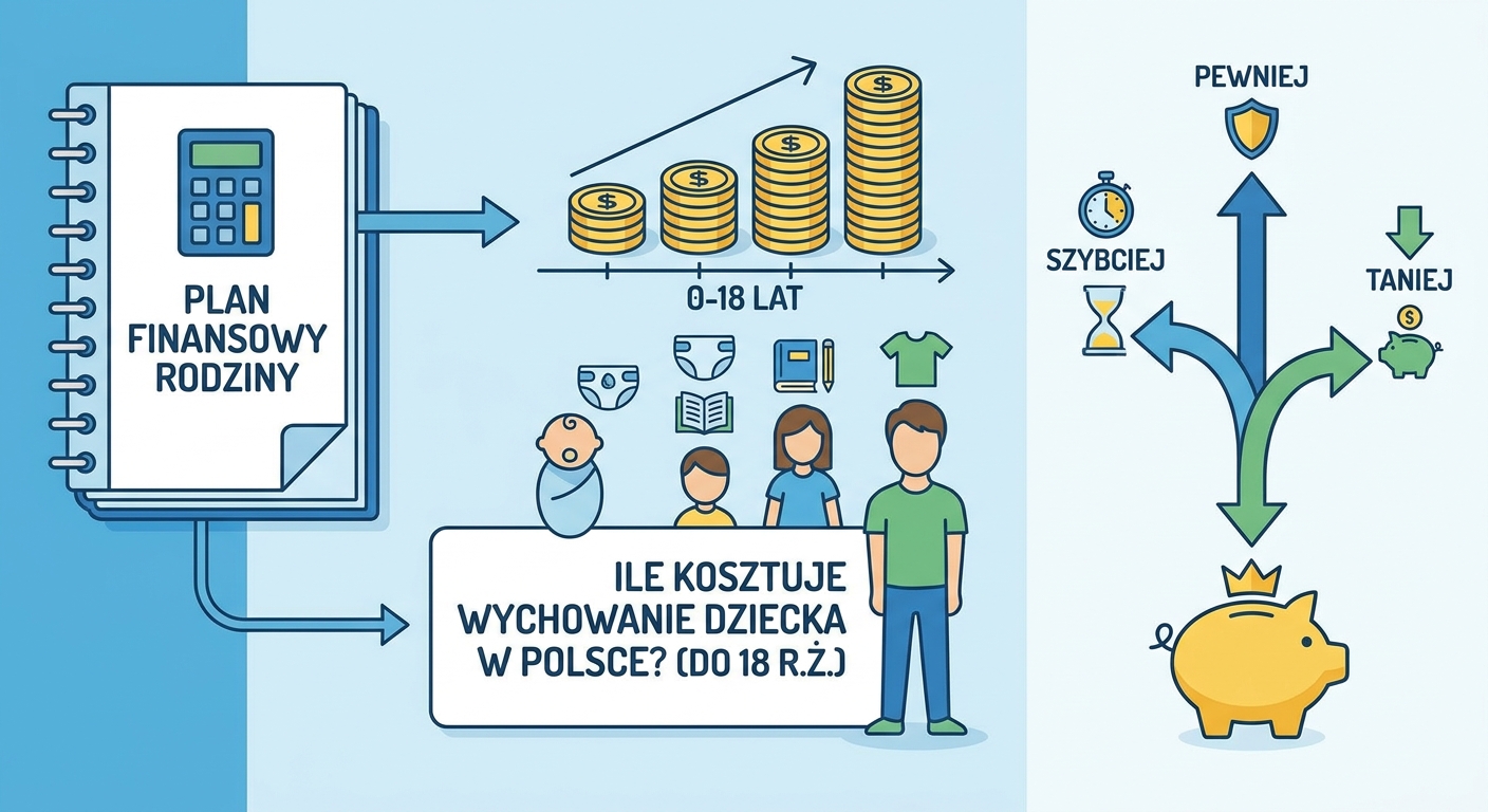Rodzice z małym dzieckiem patrzą na tablet, na którym widać wykresy i kalkulator finansowy, symbolizujący planowanie przyszłości.