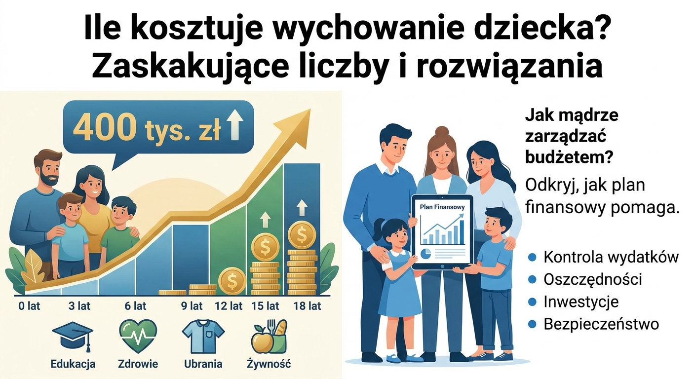 Szczęśliwa rodzina z małym dzieckiem, w tle widać symboliczną skarbonkę i wykres wzrostu.