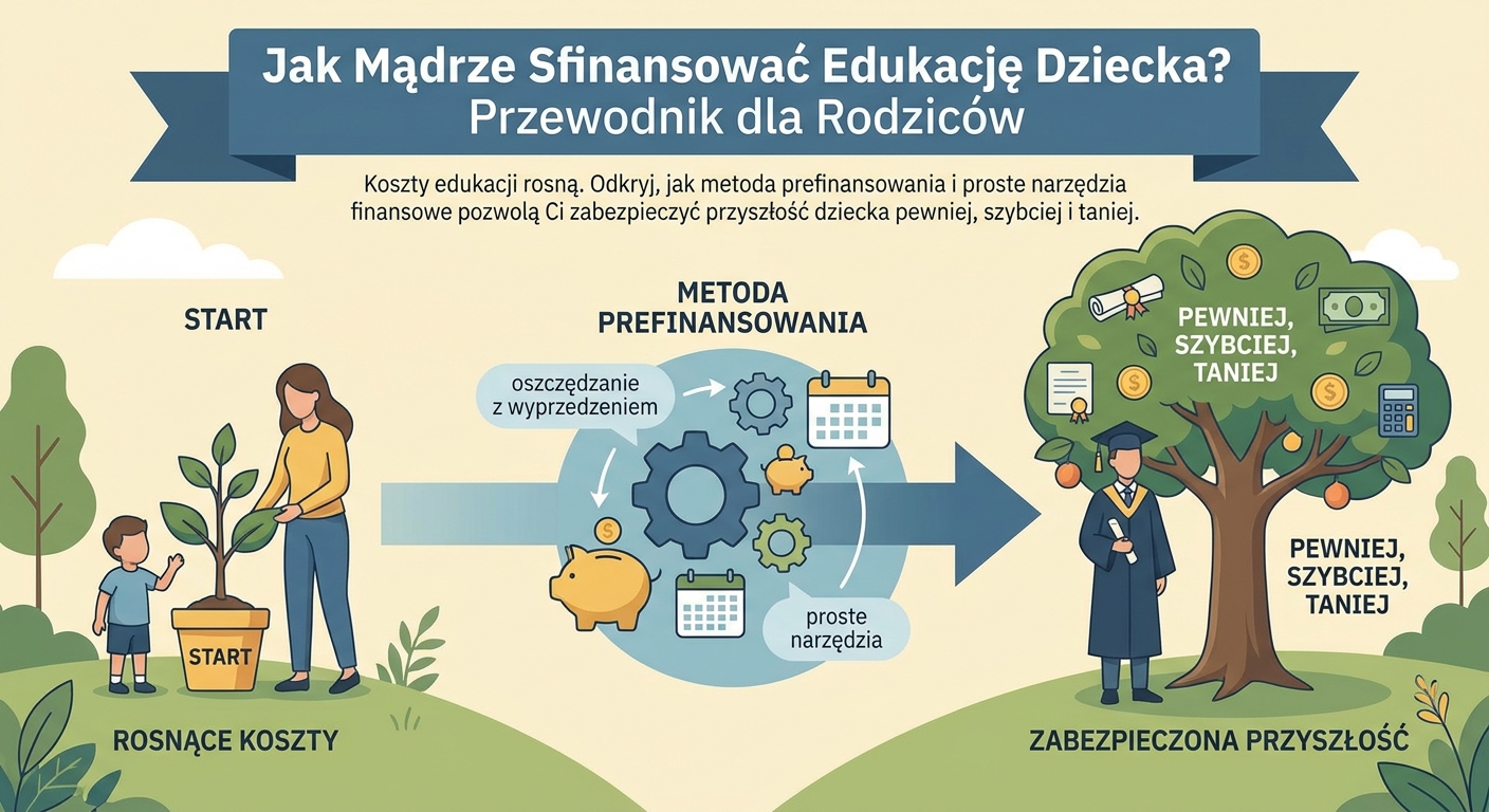 Rodzic i dziecko patrzą na symboliczną ścieżkę edukacyjną prowadzącą do budynku uniwersytetu