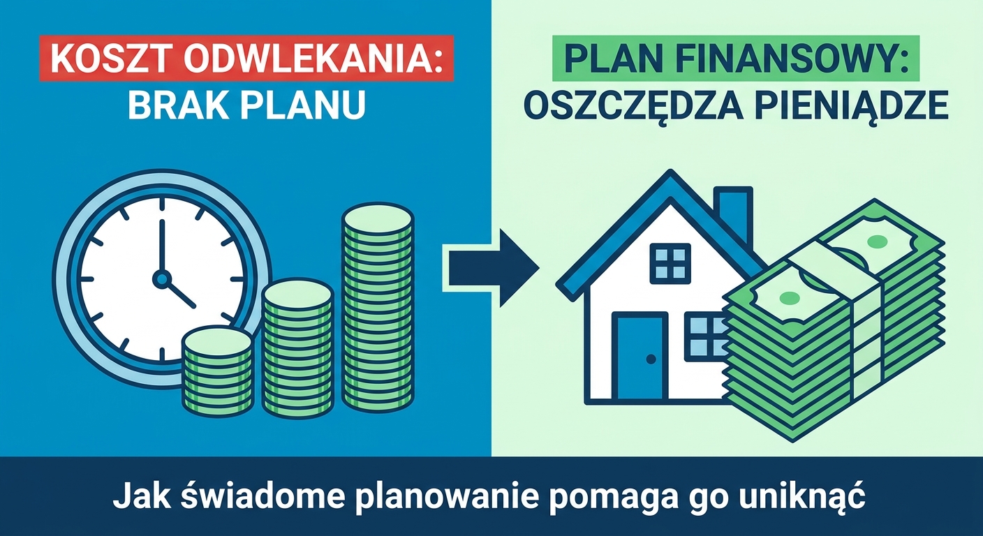 Dwie drogi na wykresie finansowym: jedna chaotyczna, druga prosta i wznosząca się do celu oznaczonego jako dom.