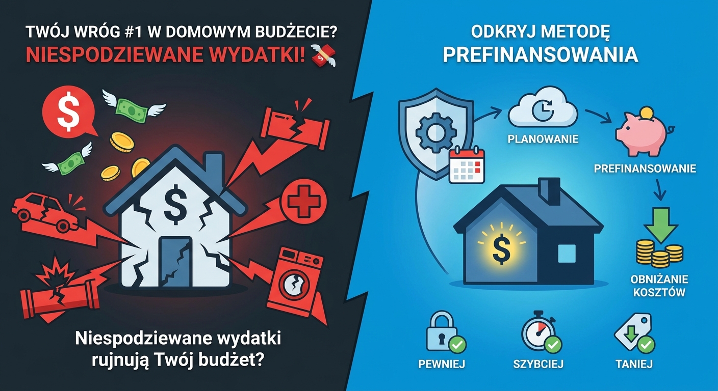 Osoba z ulgą patrząca na pękniętą skarbonkę, z której wysypują się monety na pokrycie rachunku za naprawę
