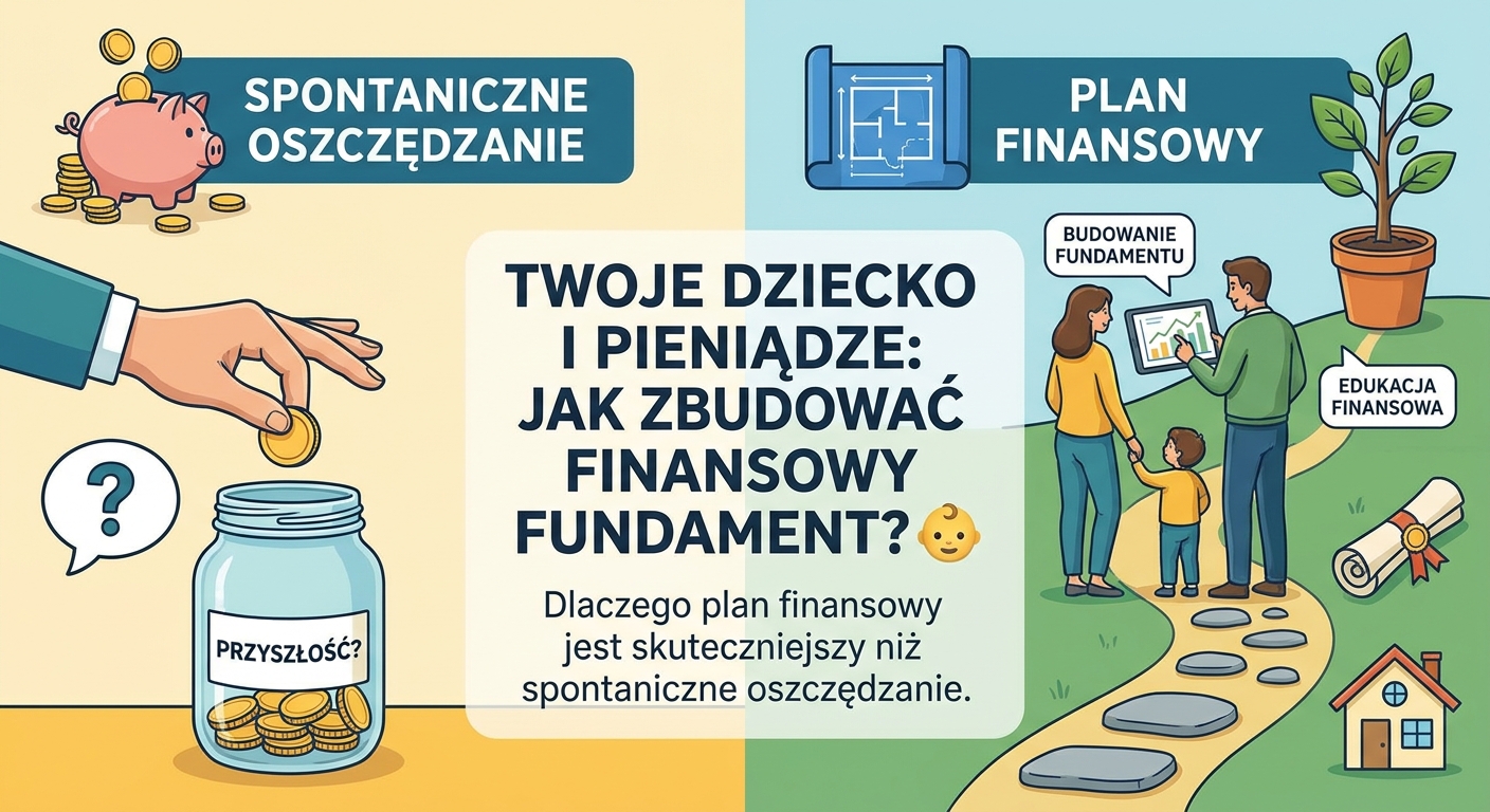 Rodzice z małym dzieckiem patrzą na rosnący wykres finansowy, symbolizujący budowanie bezpiecznej przyszłości finansowej.