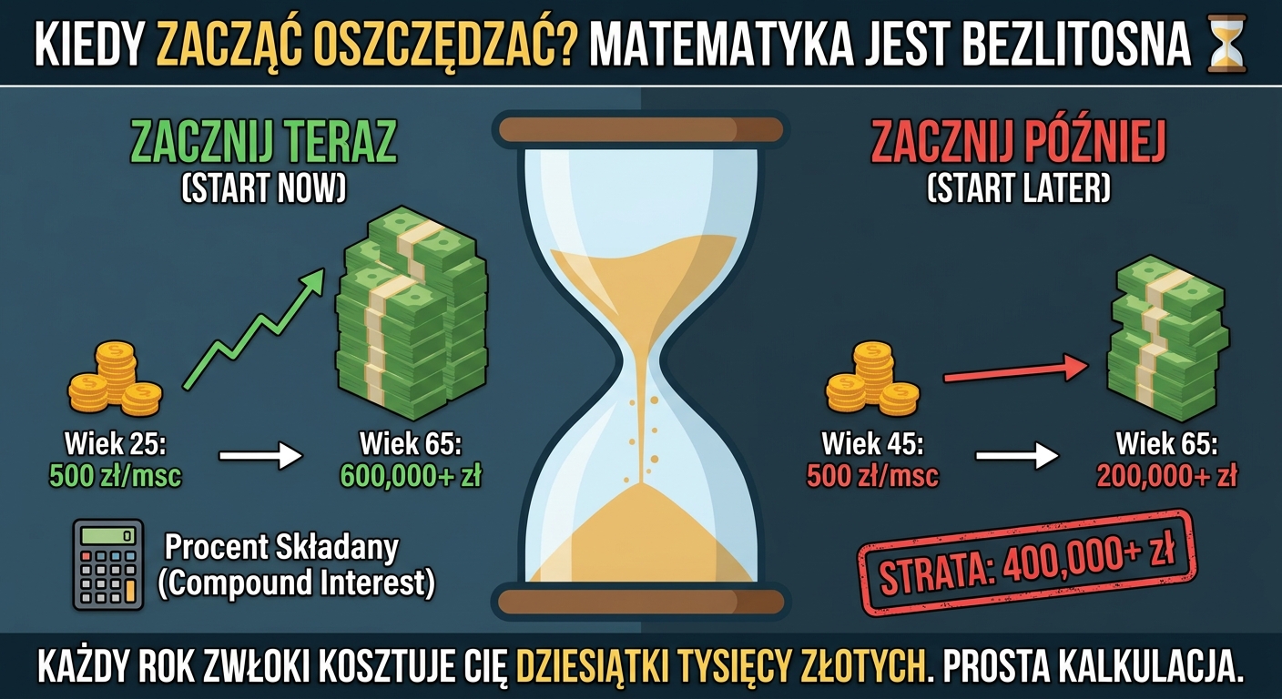 Dwie skarbonki, jedna pełna monet, druga prawie pusta, symbolizujące koszt zwłoki w oszczędzaniu.