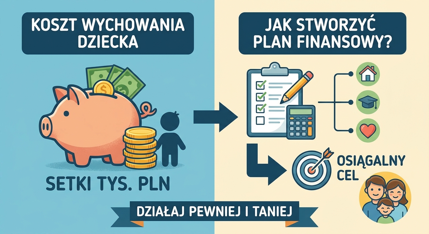 Szczęśliwi rodzice z małym dzieckiem patrzą na skarbonkę w kształcie domku, symbolizującą planowanie finansowe na przyszłość