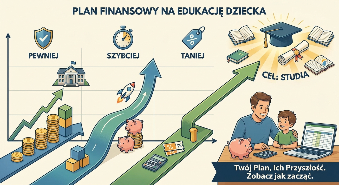 Rodzice z dzieckiem patrzący w przyszłość, w tle symbol uniwersytetu