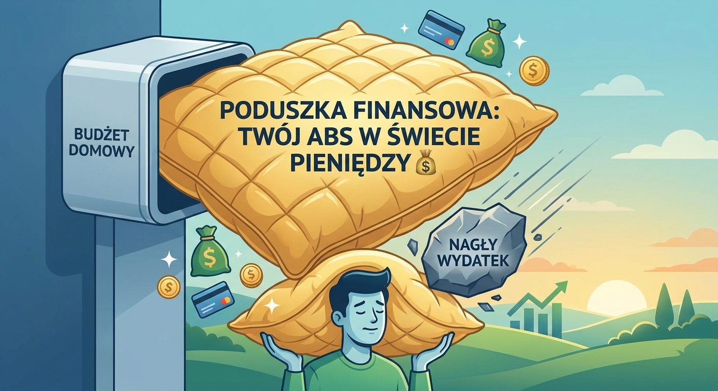 Złota moneta chroniona przez tarczę, symbolizująca poduszkę finansową i bezpieczeństwo