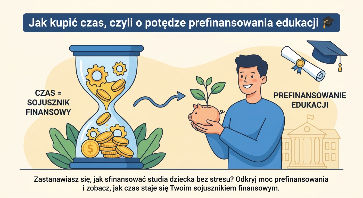 Symboliczna ilustracja planowania finansowego na edukację dziecka: mała roślina wyrastająca z monet, a w tle czapka absolwenta.