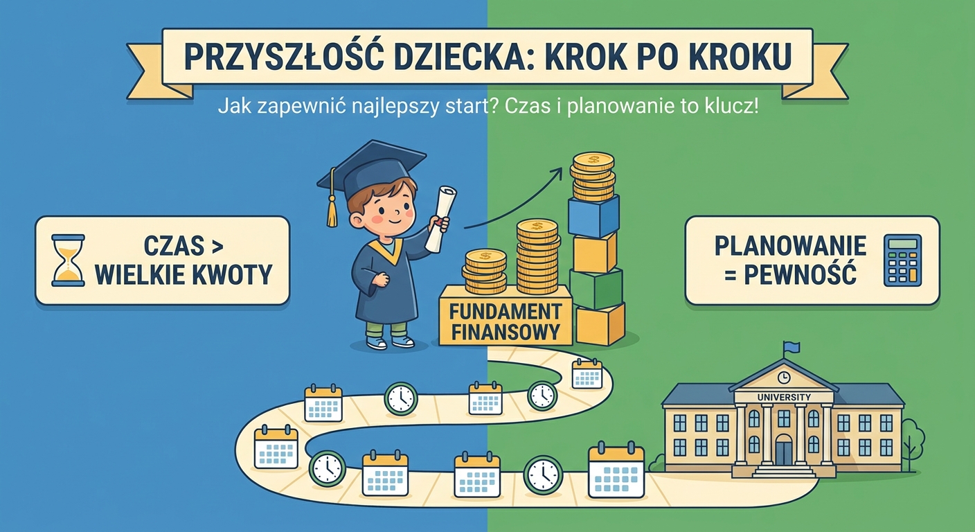 Rodzice z małym dzieckiem patrzą na rosnący wykres symbolizujący oszczędności na przyszłość.