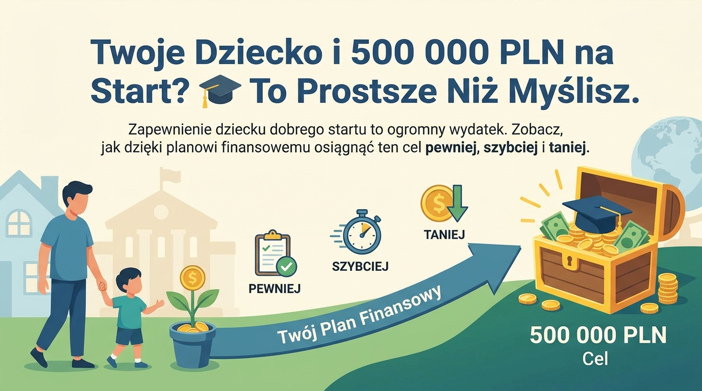 Symboliczny obraz rosnącego słupka monet obok dziecięcych bucików, przedstawiający plan finansowy na przyszłość dziecka.