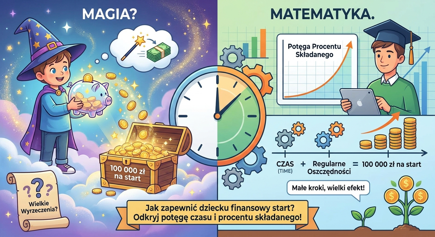 Symboliczna skarbonka w kształcie czapki absolwenta, obok której rośnie stos monet, co symbolizuje gromadzenie kapitału na edukację dziecka.
